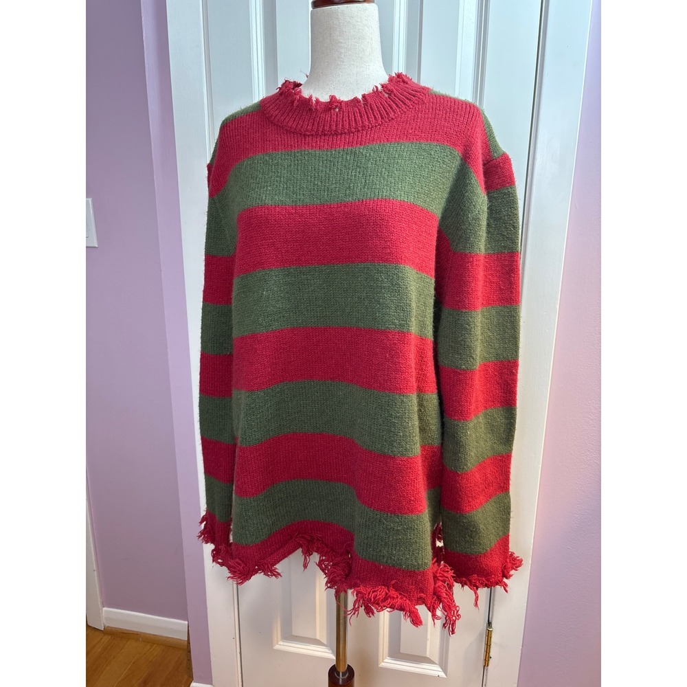 Red and Green Striped Distressed‎ Oversized Sweater Horror Grunge Knit Large